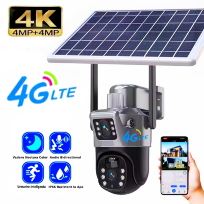 Camera de Supraveghere Color 4G Dubla 8MP Ultra HD cu Panou Solar