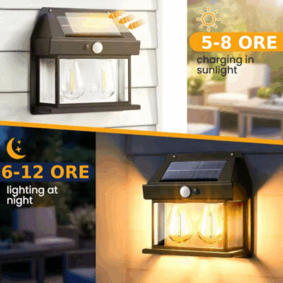 Lampa Solara de Perete cu 2 Becuri LED Rustic si Senzor de Miscare